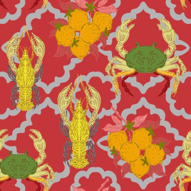 Istakoz, yengeç ve limon dalı. Çizim elementleri ve deniz akdeniz motifleriyle stilize edilmiş düz çizim. Kusursuz desen