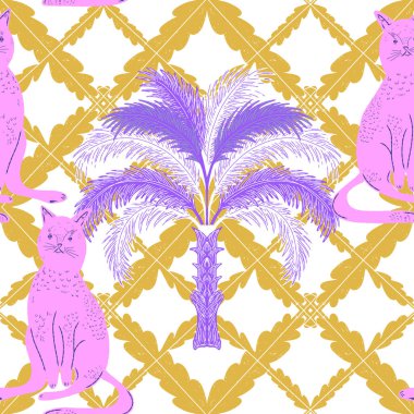 Avuçlar ve kediler. Egzotik, tropik, pürüzsüz desen. Eskiz ögeleri ile modern retro biçimi.