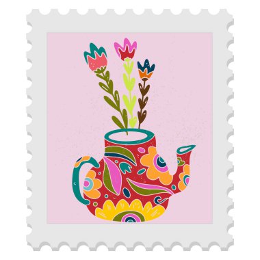 Halk sanatı tarzında Paskalya posta pulu - el yapımı parlak bahar naif vektör çizimleri.