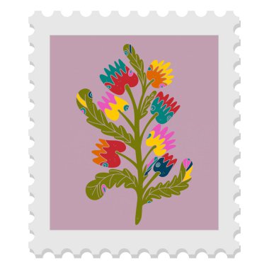 Halk sanatı tarzında Paskalya posta pulu - el yapımı parlak bahar naif vektör çizimleri.