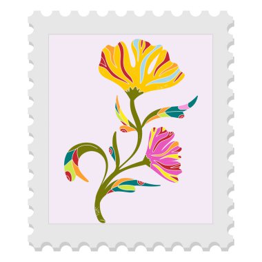 Paskalya çiçekli bahar pulu saf halk sanatı tarzında. Vektör izole ögesi.