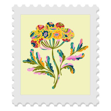 Paskalya çiçekli bahar pulu saf halk sanatı tarzında. Vektör izole ögesi.