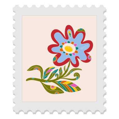 Paskalya çiçekli bahar pulu saf halk sanatı tarzında. Vektör izole ögesi.