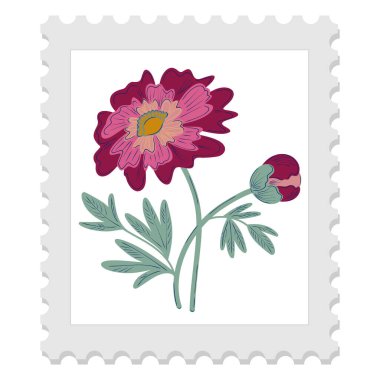 Çiçekli bir posta pulu. Bahar, Paskalya, Kadınlar Günü ve Anneler Günü 'nü kutluyoruz. Zarif ve biraz da saf bir tasarım. İzole vektör ögesi.