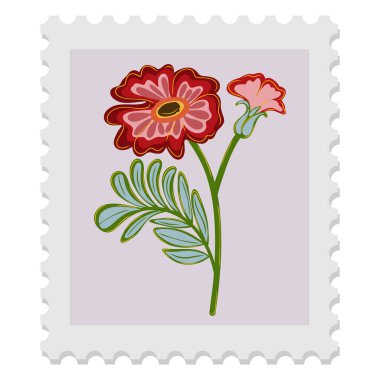 Çiçekli bir posta pulu. Bahar, Paskalya, Kadınlar Günü ve Anneler Günü 'nü kutluyoruz. Zarif ve biraz da saf bir tasarım. İzole vektör ögesi.
