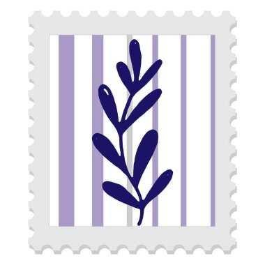 Çizgili arka planda bitki resmi ve yaprak silueti olan posta pulu, halk sanatı tarzında minimalist vektör çizimi.