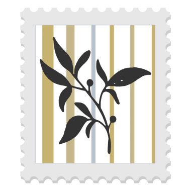 Çizgili arka planda bitki resmi ve yaprak silueti olan posta pulu, halk sanatı tarzında minimalist vektör çizimi.