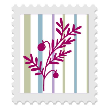 Çizgili arka planda bitki resmi ve yaprak silueti olan posta pulu, halk sanatı tarzında minimalist vektör çizimi.