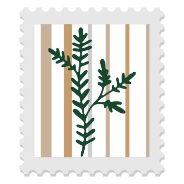 Çizgili arka planda bitki resmi ve yaprak silueti olan posta pulu, halk sanatı tarzında minimalist vektör çizimi.