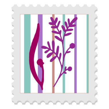 Çizgili arka planda bitki resmi ve yaprak silueti olan posta pulu, halk sanatı tarzında minimalist vektör çizimi.