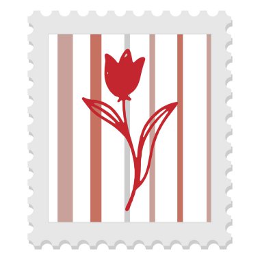 Çizgili arka planda bitki resmi ve yaprak silueti olan posta pulu, halk sanatı tarzında minimalist vektör çizimi.