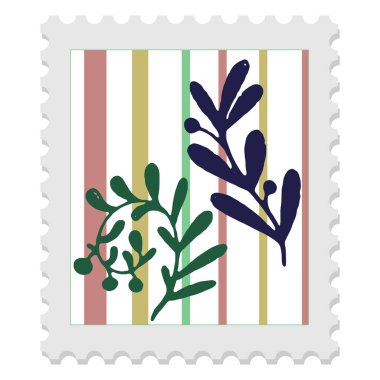 Çizgili arka planda bitki resmi ve yaprak silueti olan posta pulu, halk sanatı tarzında minimalist vektör çizimi.