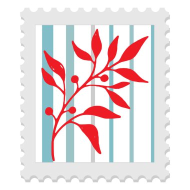 Çizgili arka planda bitki resmi ve yaprak silueti olan posta pulu, halk sanatı tarzında minimalist vektör çizimi.
