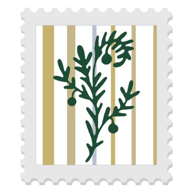 Çizgili arka planda bitki resmi ve yaprak silueti olan posta pulu, halk sanatı tarzında minimalist vektör çizimi.