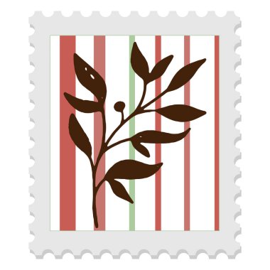 Çizgili arka planda bitki resmi ve yaprak silueti olan posta pulu, halk sanatı tarzında minimalist vektör çizimi.