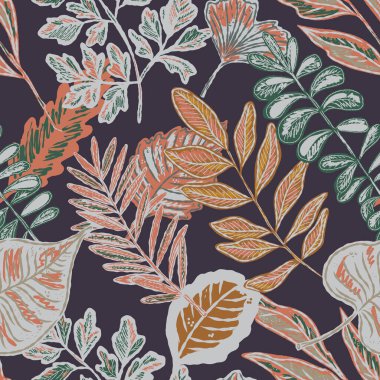 Parlak sonbahar yapraklarıyla kusursuz bir desen. Sevimli tuhaf el çizimi sonbahar yaprakları. Orman doğası. Vektör botanik tasarımı, duvar kağıdı, baskı, ambalaj kağıdı.