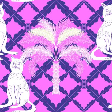 Avuçlar ve kediler. Egzotik, tropik, pürüzsüz desen. Eskiz ögeleri ile modern retro biçimi.
