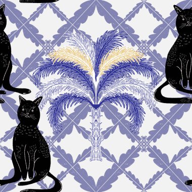 Avuçlar ve kediler. Egzotik, tropik, pürüzsüz desen. Eskiz ögeleri ile modern retro biçimi.