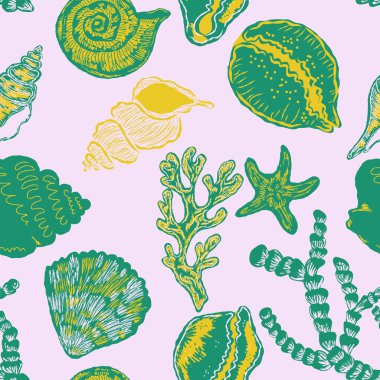 Elle boyanmış deniz kabukları ve dışavurumcu tarzıyla kusursuz deniz yıldızı deseni, dokulu çizgiler ve yaz tasarımları ve kumaşları için sanatsal kıyı atmosferi..