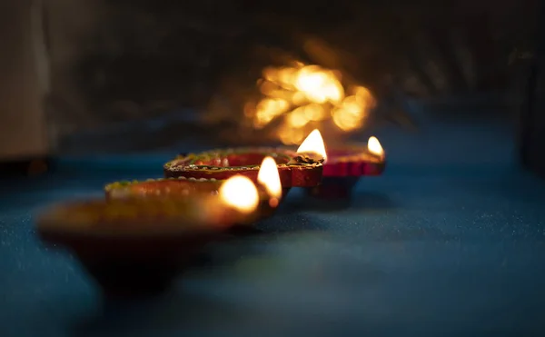 Happy Diwali Kleurrijke Klei Diya Lampen Aangestoken Tijdens Diwali Viering — Stockfoto