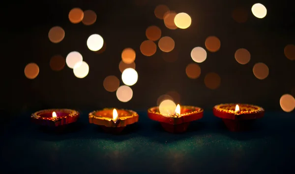 Happy Diwali Colorful Clay Diya Lamps Lit Diwali Celebration — Stock Photo, Image