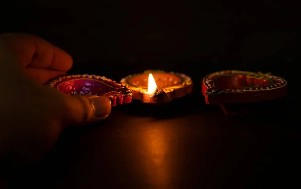 Happy Diwali Lampes Diya Allumées Pendant Célébration Diwali — Photo