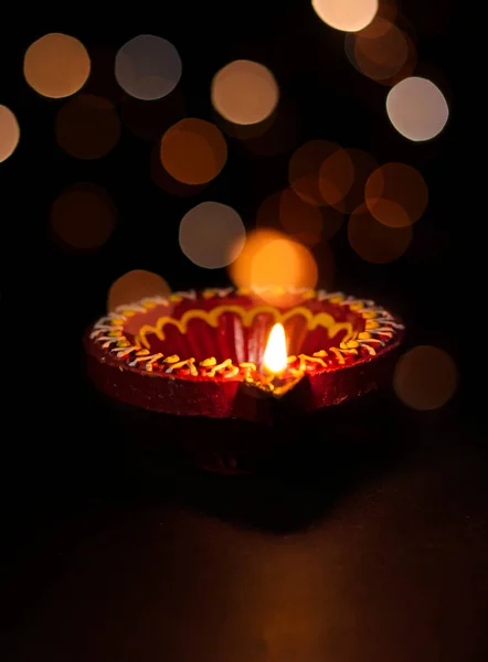 Diya Lamps Reflective Base Glittering Bokeh Background — Stock Photo, Image