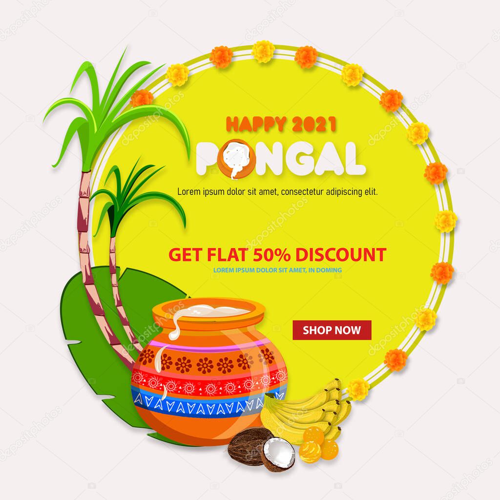 South Indian Festival Pongal Offer, Sale Background Template with 50% Discounts