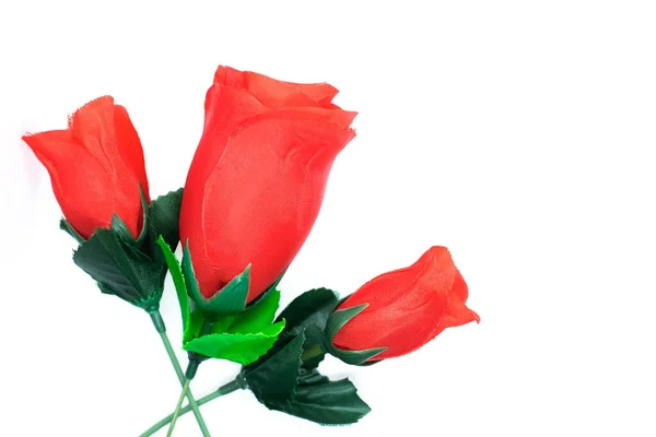 Három Fényűző Sötétvörös Rózsából Álló Készlet Elszigetelt Zöld Levelekkel Fehér — Stock Fotó