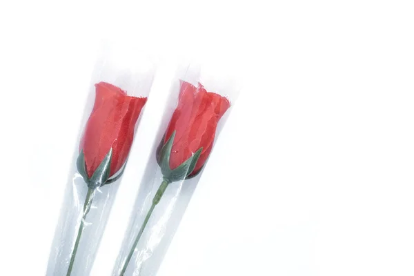 Las Rosas Rojas Están Cubiertas Plástico Con Fondo Blanco Puede — Foto de Stock