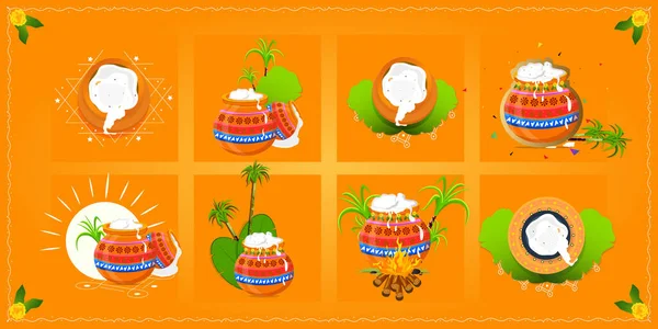 Set Happy Pongal Pot Design — Stock Vector