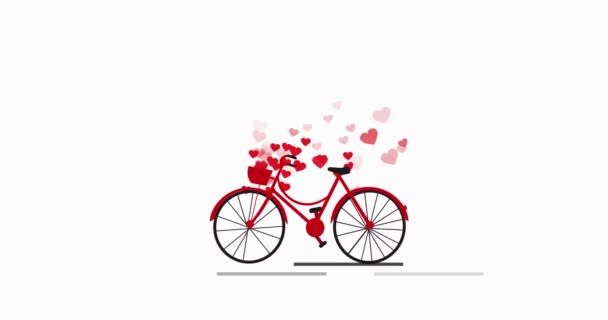 Bicicletta rossa con romantica animazione icona del cuore. Cuore rosso che vola dal cestino della bicicletta. — Video Stock