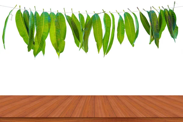 Mango Leaf Garland Wooden Table Backgrounds Holiday Ornate Decoration — Stock Photo, Image