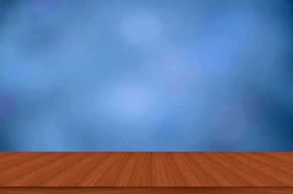 Mesa Madera Vacía Fondo Azul Con Espacios Vacíos Úsalo Para — Foto de Stock