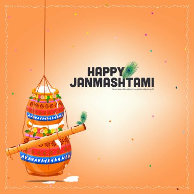 Hint festivali Janmashtami 'nin vektör illüstrasyonu, Tanrı Krishna' nın doğuşu, tereyağı kapları, renkli arka planlarda flüt.