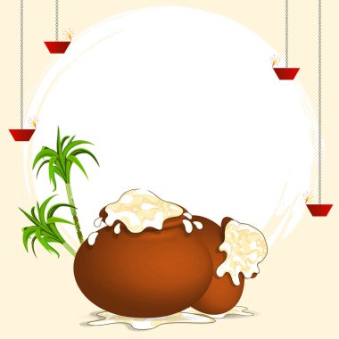 Pirinçle dolup taşan neşeli Pongal tenceresine şeker kamışı ve asılı diyarlar eşlik ediyor. Hint hasat festivali kutlamaları ve kutlama tasarımları için mükemmel vektör çizimi.