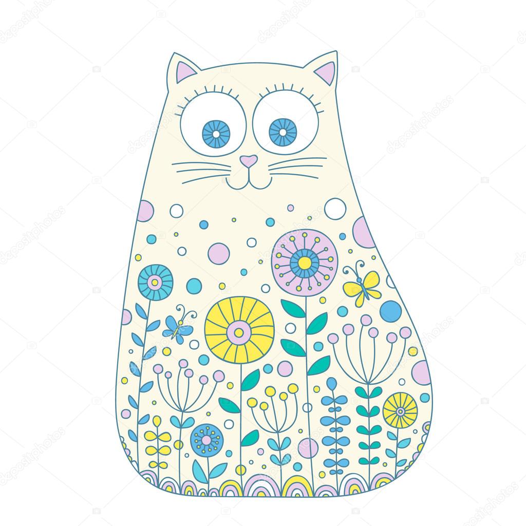 Carina gatto Gatto disegnato a mano di vettore con ornamento Disegno di gatto primavera per i bambini Luce pastello colori giallo rosa blu menta