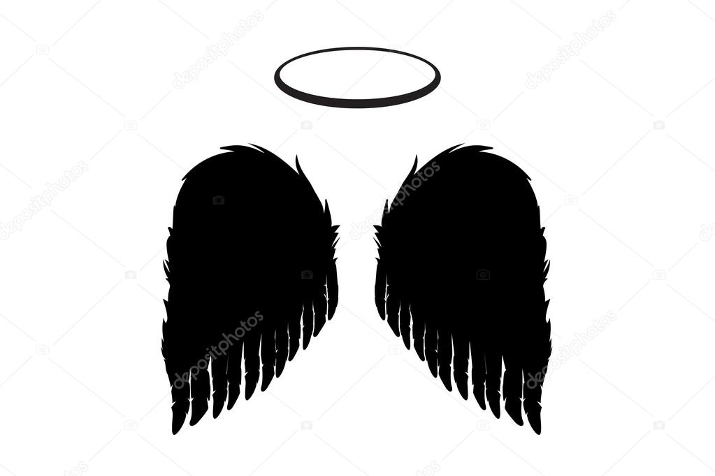 Silhouette of black angel wings and halo on a white background. Vector angelic feathers silhouette design element.