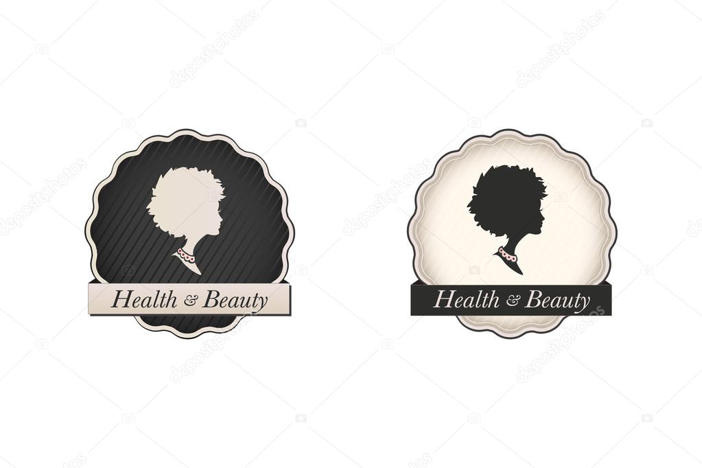 Beautiful logo collection of a lady cameos with an afro hairstyle in vintage circular frames and business name text. Vector health and beauty set with copy space.