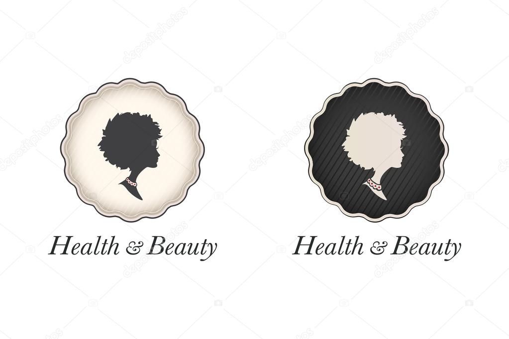 Beautiful logo collection of a lady cameos with an afro hairstyle in vintage circular frames and business name text. Vector health and beauty set with copy space.