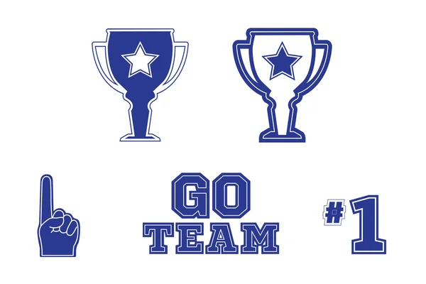 Spor fanı ve takım simgeleri, logolar, çerçeveler ve mavi beyaz metinler seti. 