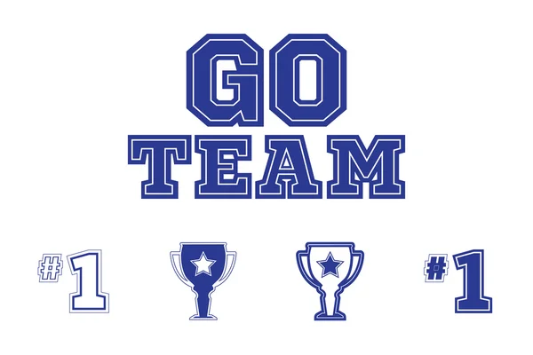 Set van sportfan en team iconen, logo's, kaders en tekst in blauw en wit. — Stockvector