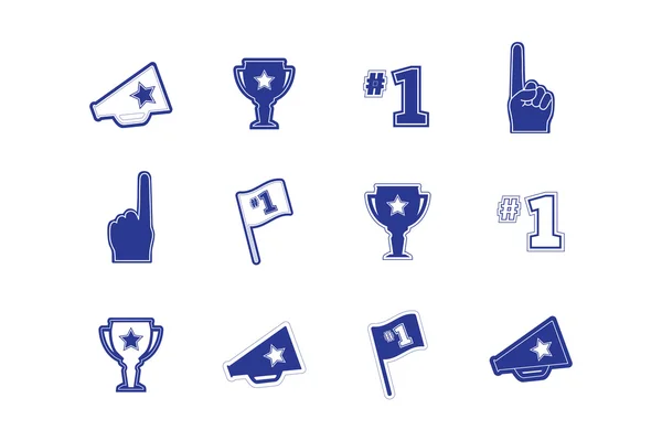 Sada ikon sportovních fanoušků a týmů, loga, rámečky a text modře a bíle. — Stockový vektor