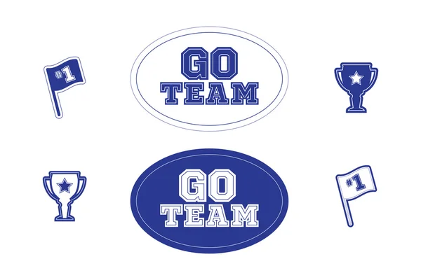 Set van sportfan en team iconen, logo's, kaders en tekst in blauw en wit. — Stockvector