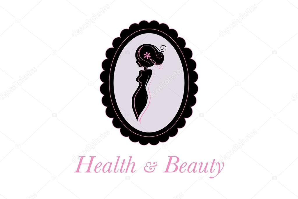 Beautiful lady body profile silhouette and copy space text. Vector beauty and hair salon, fashion store or spa logo. A woman with a curvy figure, bun hairstyle and pink flower icon in a shabby chic cameo frame.