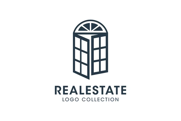 Bay pencere veya kapı siluet Emlak logolu metin. İnşaat veya inşaatçılar kutsal kişilerin resmi ve kopya alanı