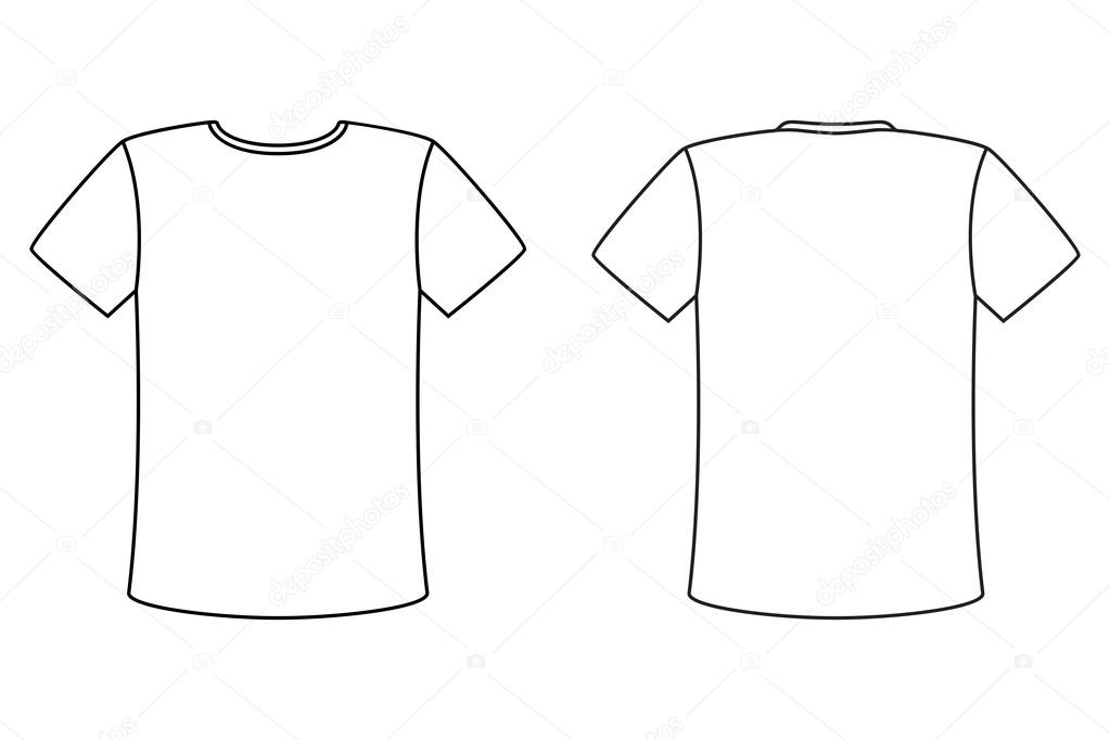 Blank t-shirt vector template. Simple white shirt with a black outline. Front and back view. Copy and design space for advertisements, company logos and text placement.