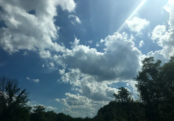 Árvores sob um céu azul com nuvens e raios de luz — Fotografia de Stock