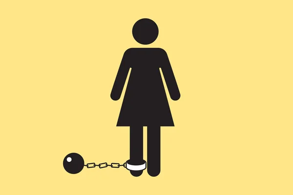 Bir top ve zincir ile Banyo kapı kadın simgesi. Sarı arka plan üzerinde bir kadın sembolü vektör silueti.