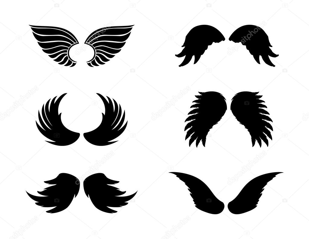 Conjunto de iconos de alas blancas negras. alas de angel. alas de plumas.  ilustración vectorial